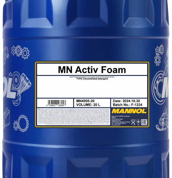 MANNOL Activ Foam 20 л – концентрирана активна пяна за безконтактно измиване. Разреждане 1:50–1:100, pH-неутрална формула.