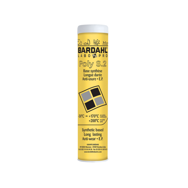 Bardahl Poly S2 BAR1700 – многофункционална грес с полиурея за високи обороти, натоварвания и температури от −30°C до +170°C.